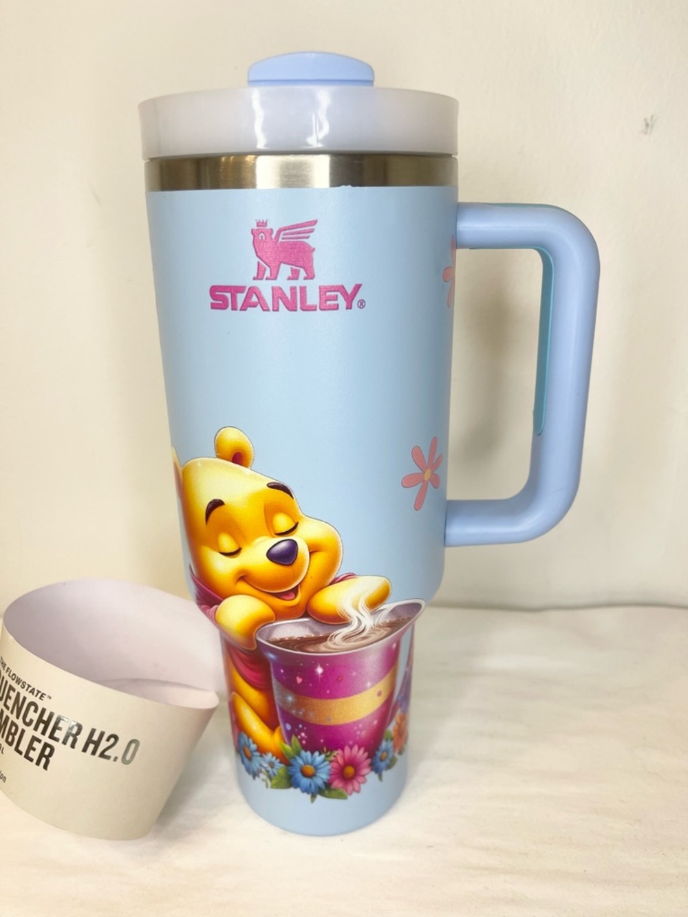 Stanley Light Blue Winnie the Pooh Travel Mug with Pink Logo